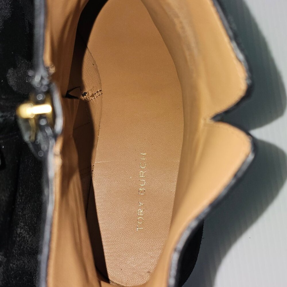 Tory Burch Everly Ankle Boot Womens 7.5 Black Suede Gold Logo Luxury Designer - Picture 13 of 16